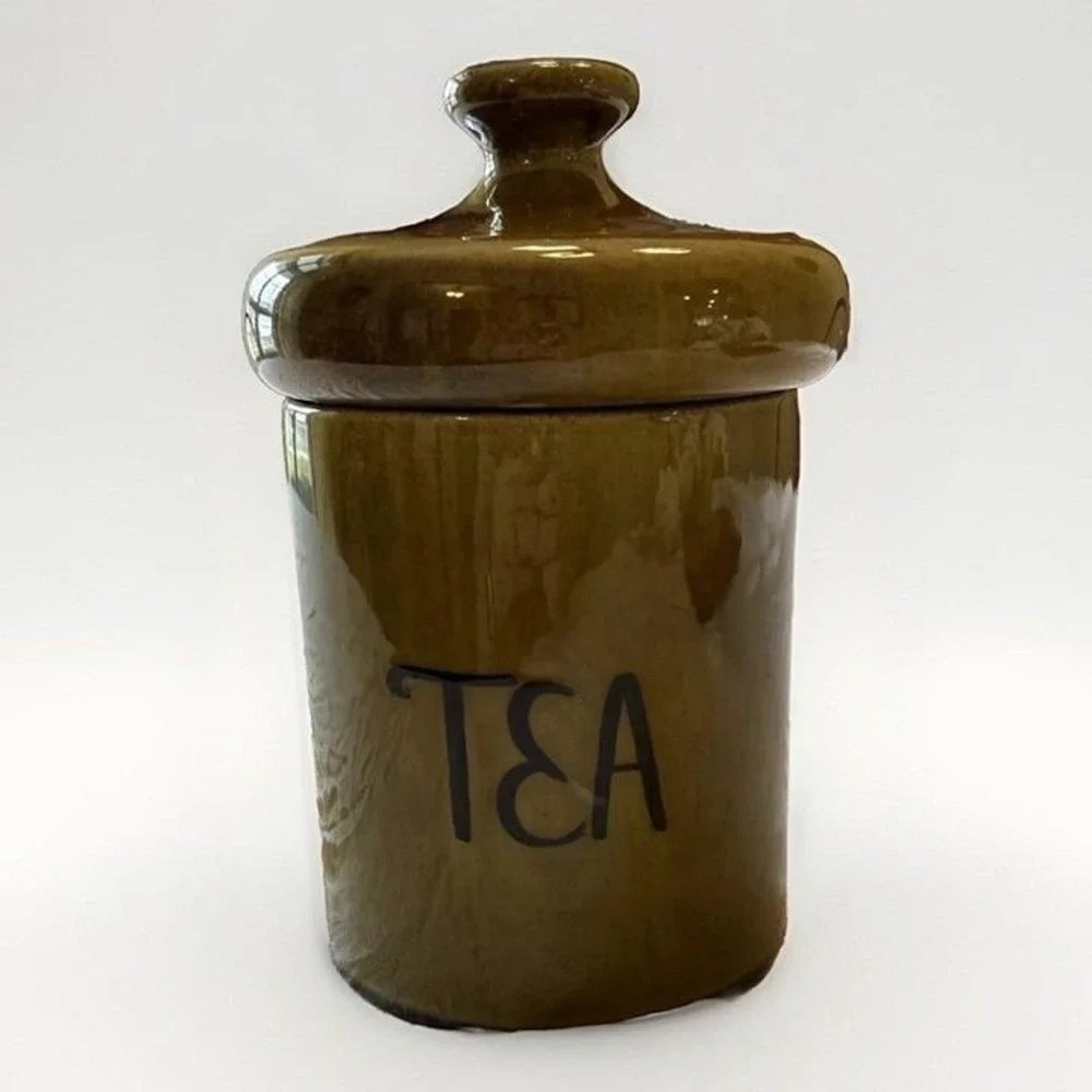 Holiday‎ Designs Tea Canister Olive Green Ceramic Jar Lid Vtg Mid Century 8.5